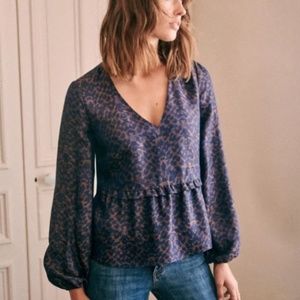 Sezane Bianca Jacquard Blouse in Blue Leopord - Size 2